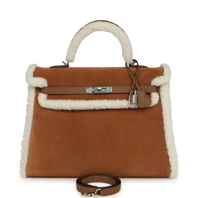 HERMÈS Hermes Teddy Kelly Retourne 35 Chamois, Ecru Shearling, Alezan Swift Palladium Hardware