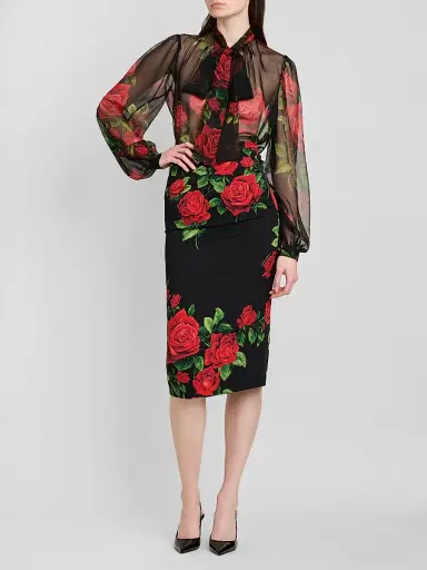 Dolce & Gabbana Women's Sheer Floral Silk Pussy-Bow Collar Blouse | Thumbnail 2 Dolce & Gabbana Women's Sheer Floral Silk Pussy-Bow Collar Blouse | Thumbnail 2