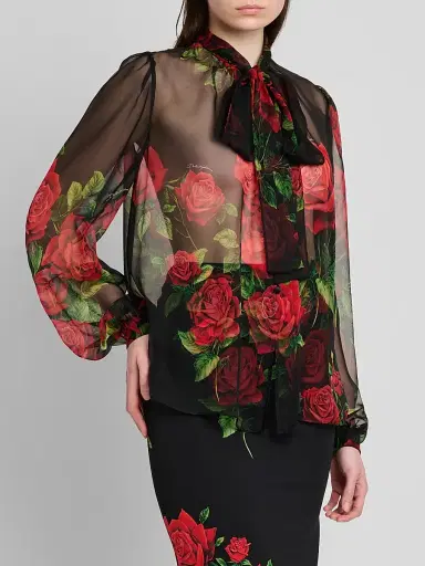 Dolce & Gabbana Women's Sheer Floral Silk Pussy-Bow Collar Blouse | Thumbnail 4 Dolce & Gabbana Women's Sheer Floral Silk Pussy-Bow Collar Blouse | Thumbnail 4