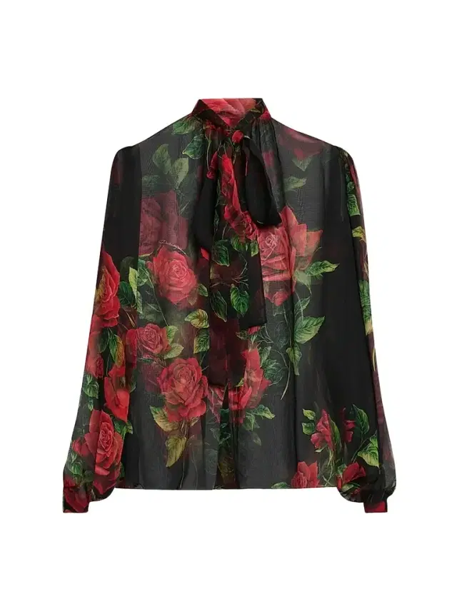Dolce & Gabbana Women's Sheer Floral Silk Pussy-Bow Collar Blouse - Rose Rosse Nero