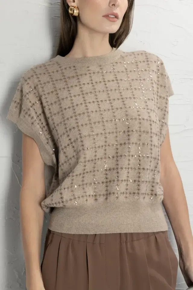 Brunello Cucinelli Dazzling Windowpane Embroidery Knit T-Shirt