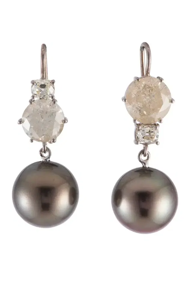 Sylva & Cie Pearl Diamond Old European Cushion Drop Earrings