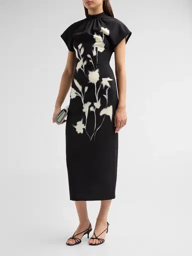 Lela Rose Women's Stella Floral Crepe Midi-Dress - Black - Size 16 | Thumbnail 4