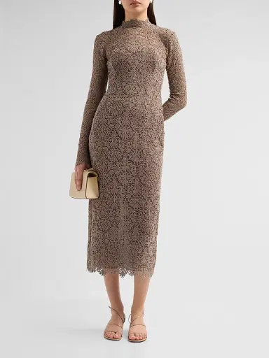 Lela Rose Women's Chenille Lace Long-Sleeve Midi-Dress - Clay - Size 16 | Thumbnail 2
