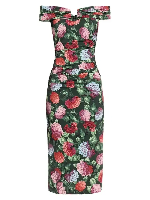 Carolina Herrera Women's Floral Off-the-Shoulder Ruched Midi Dress - Racing G Multi