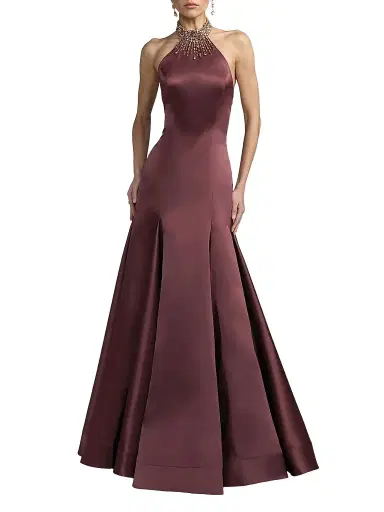 Mac Duggal Women's Beaded Satin Sleeveless Godet Gown | Thumbnail 1