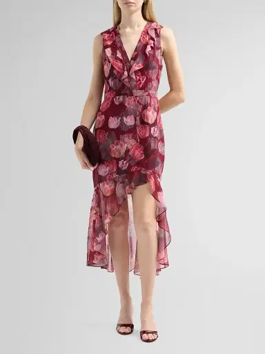 Milly Women's Nanci Ruffled Floral V-Neck Midi Dress - Red Multi | Thumbnail 2