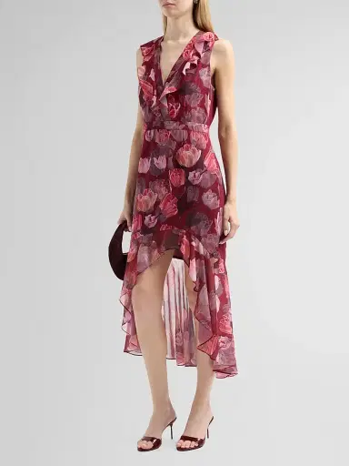Milly Women's Nanci Ruffled Floral V-Neck Midi Dress - Red Multi | Thumbnail 4