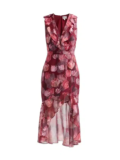 Milly Women's Nanci Ruffled Floral V-Neck Midi Dress - Red Multi | Thumbnail 1