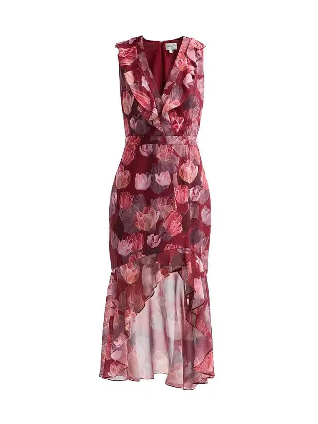 Milly Women's Nanci Ruffled Floral V-Neck Midi Dress - Red Multi