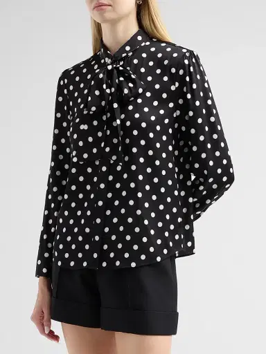 Milly Women's Polka Dot Stretch-Silk Tieneck Blouse - Black White | Thumbnail 4