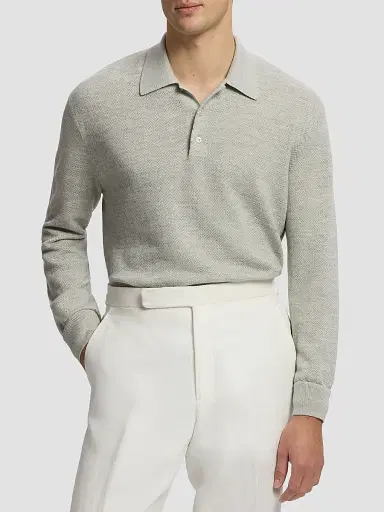 Ralph Lauren Purple Label Men's Warm Weather Long-Sleeve Polo Shirt - Grey Multi | Thumbnail 4