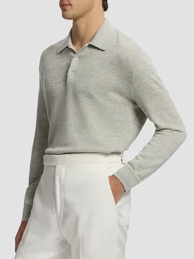 Ralph Lauren Purple Label Men's Warm Weather Long-Sleeve Polo Shirt - Grey Multi | Thumbnail 7