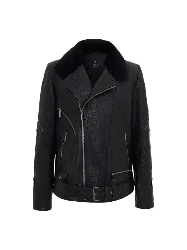 Gorski Men's Nappa Leather Croco Embossed Biker Jacket with Detachable Shearling Lamb Collar - Black