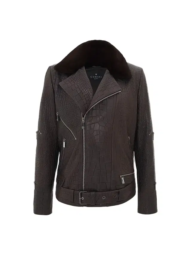 Gorski Men's Nappa Leather Croco Embossed Biker Jacket with Detachable Shearling Lamb Collar - Brown