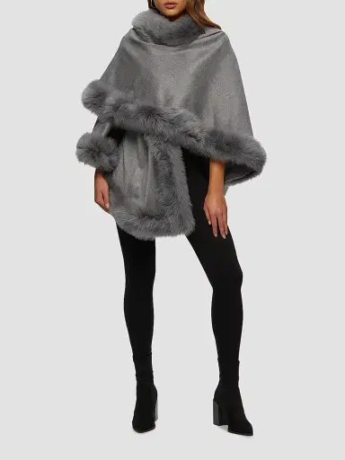 Gorski Women's Select Cashmere Capelet with Merinillo Shearling Lamb Trim - Light Grey | Thumbnail 2