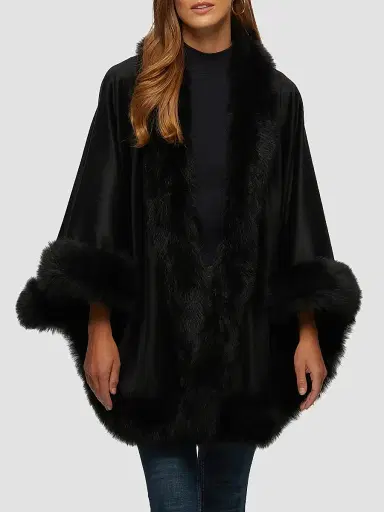 Gorski Women's Select Cashmere Capelet with Merinillo Shearling Lamb Trim - Black | Thumbnail 2