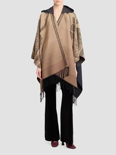 Etro Women's Printed Wool Fringe Cape - Printed Black Base | Thumbnail 2