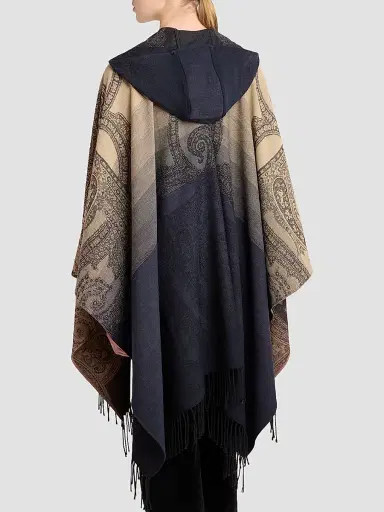 Etro Women's Printed Wool Fringe Cape - Printed Black Base | Thumbnail 3