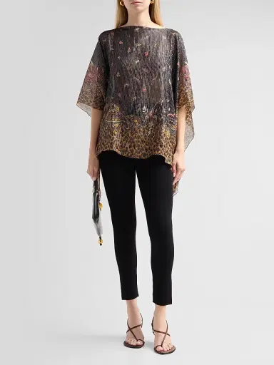 Etro Women's Faded Leopard Silk Tasseled Poncho - Printed Black Base | Thumbnail 2