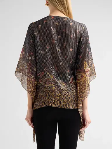 Etro Women's Faded Leopard Silk Tasseled Poncho - Printed Black Base | Thumbnail 3