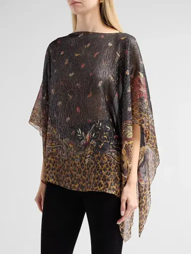 Etro Women's Faded Leopard Silk Tasseled Poncho - Printed Black Base | Thumbnail 4