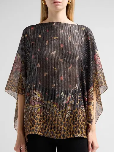 Etro Women's Faded Leopard Silk Tasseled Poncho - Printed Black Base | Thumbnail 5