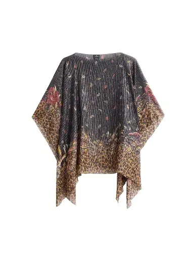 Etro Women's Faded Leopard Silk Tasseled Poncho - Printed Black Base | Thumbnail 1