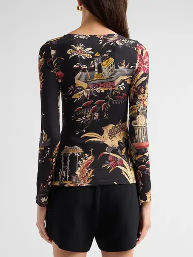 Etro Women's Printed V-Neck Long-Sleeve Top - Printed Black | Thumbnail 3