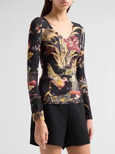 Etro Women's Printed V-Neck Long-Sleeve Top - Printed Black | Thumbnail 4