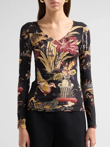 Etro Women's Printed V-Neck Long-Sleeve Top - Printed Black | Thumbnail 5