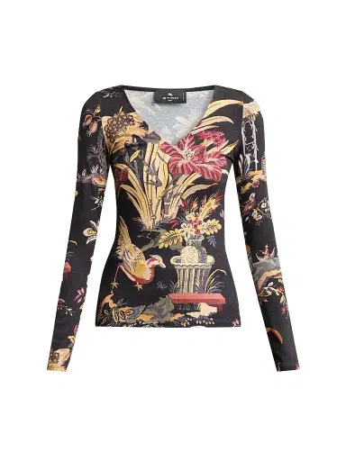 Etro Women's Printed V-Neck Long-Sleeve Top - Printed Black | Thumbnail 1