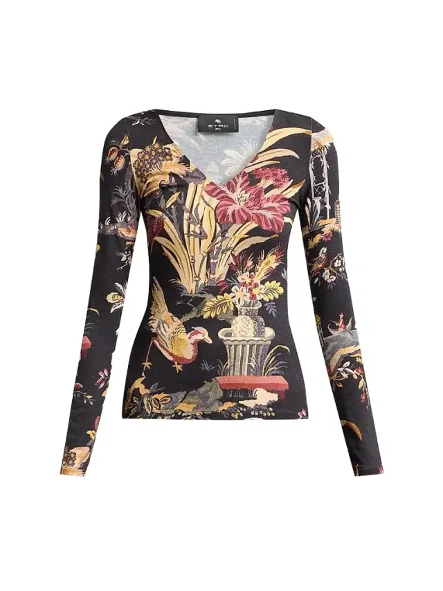 Etro Women's Printed V-Neck Long-Sleeve Top - Printed Black