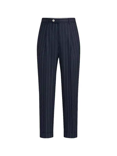 Brunello Cucinelli Men's Super 150s Virgin Wool Wide Chalk Stripe Batavia Trousers with Pleats | Thumbnail 1 Brunello Cucinelli Men's Super 150s Virgin Wool Wide Chalk Stripe Batavia Trousers with Pleats | Thumbnail 1