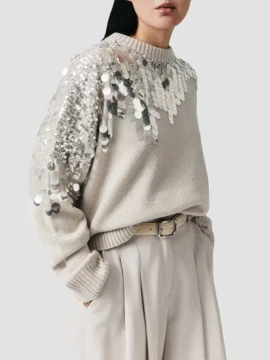 Marella Women's Sequinned Pure Wool Jumper - Turtle Dove | Thumbnail 3