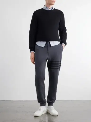 Thom Browne Tapered 4-Bar Detailed Cotton-Jersey Drawstring Sweatpants - Men | Thumbnail 2