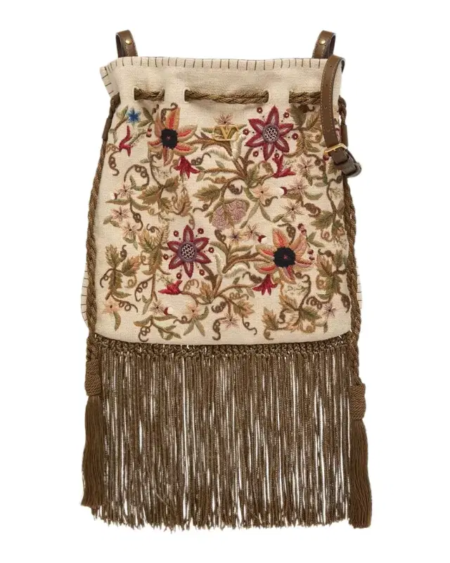 Valentino Garavani Fringed Floral-Embroidered Pouch Shoulder bag