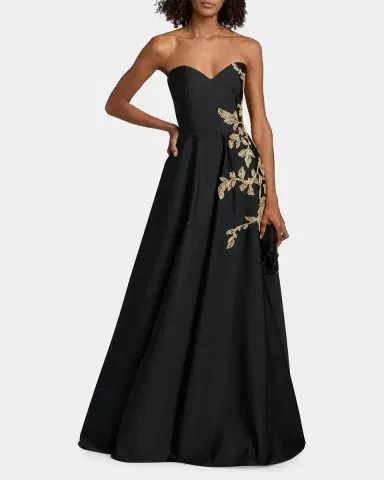 PAMELLA ROLAND Raffia Floral-Embroidered Faille Strapless Gown | Thumbnail 2
