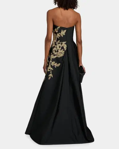 PAMELLA ROLAND Raffia Floral-Embroidered Faille Strapless Gown | Thumbnail 3