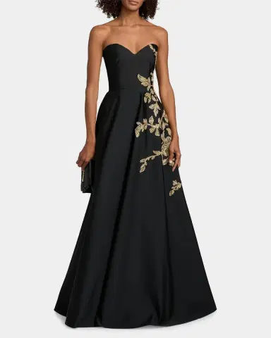 PAMELLA ROLAND Raffia Floral-Embroidered Faille Strapless Gown | Thumbnail 4