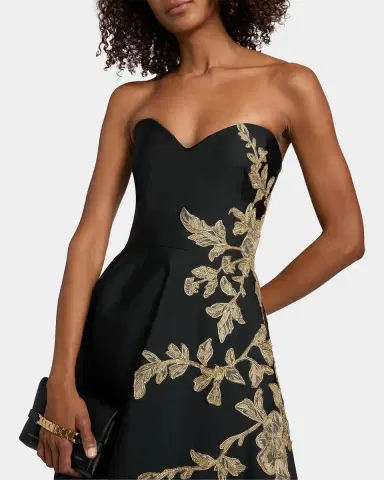 PAMELLA ROLAND Raffia Floral-Embroidered Faille Strapless Gown | Thumbnail 5