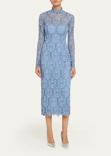 Lela Rose Chenille Lace Long-Sleeve Midi Dress | Thumbnail 2