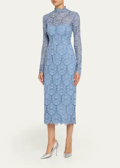 Lela Rose Chenille Lace Long-Sleeve Midi Dress | Thumbnail 4