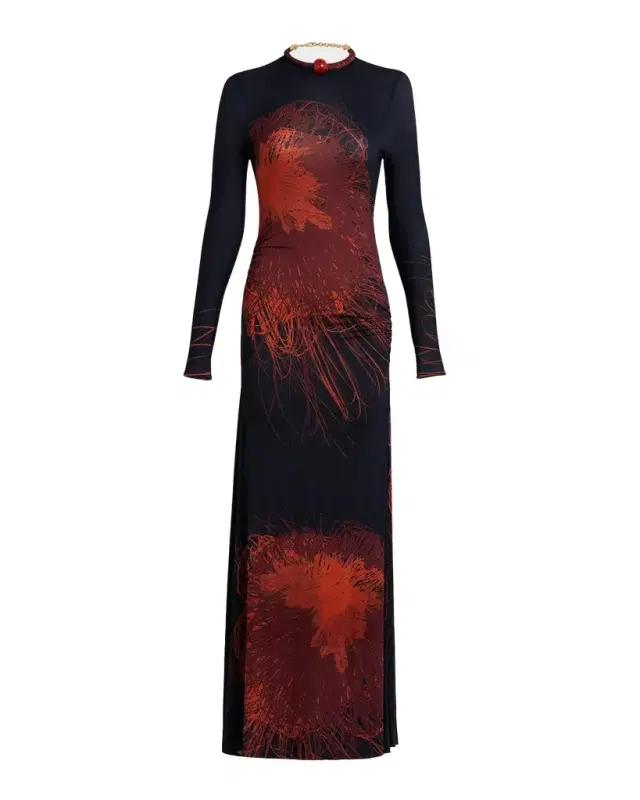 Silvia Tcherassi Gabbice Bead Tubular Collar Long-Sleeve Maxi Dress