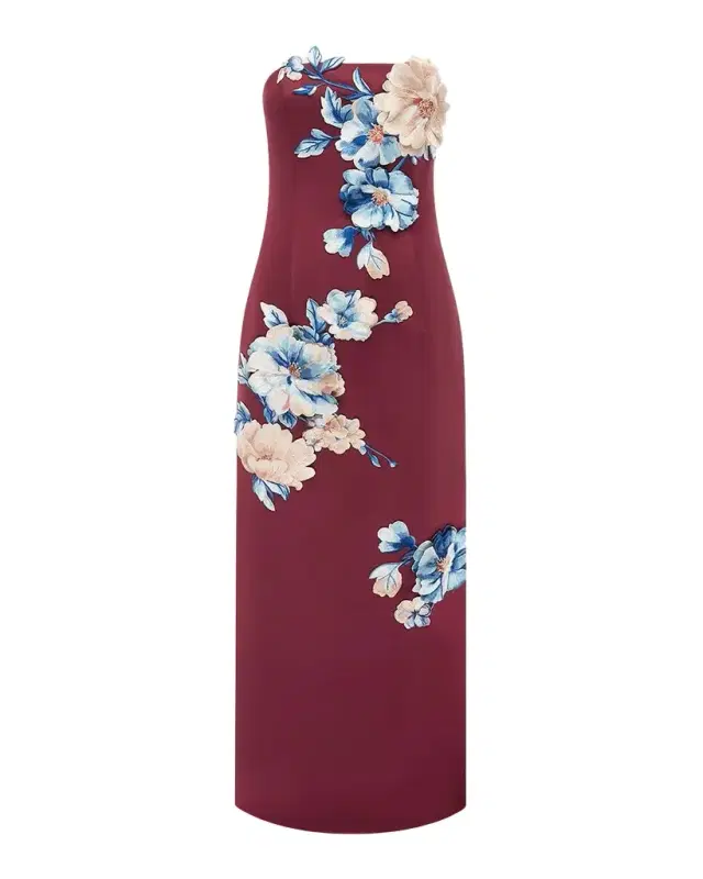 LEO LIN Rayna Strapless Floral Applique Column Gown