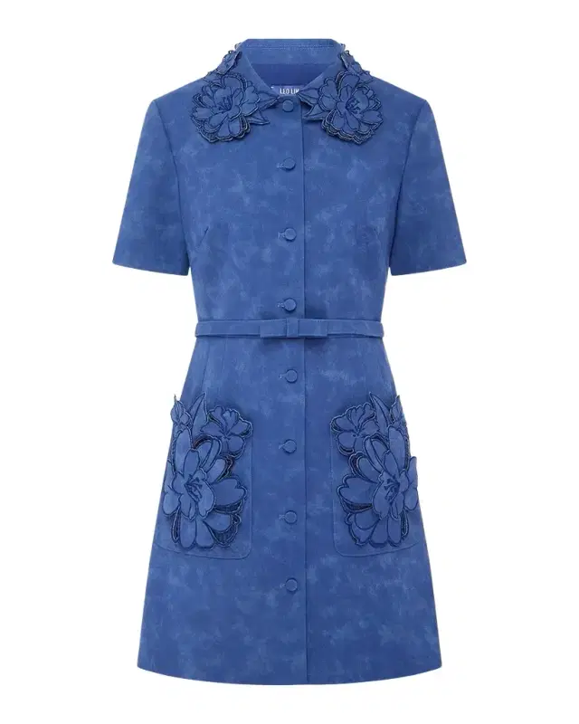LEO LIN Ashley Floral Applique Vegan Suede Mini Shirtdress