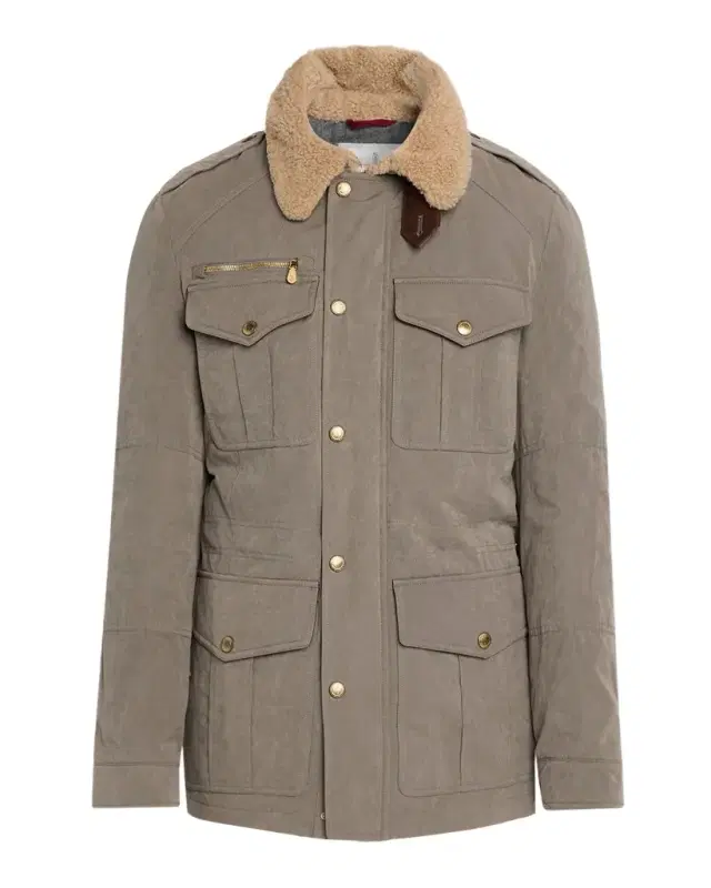 Brunello Cucinelli Men's Shearling-Collar Waxed Techno Cotton Safari Jacket