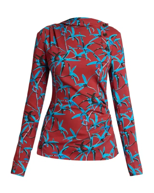 Proenza Schouler Anais Floral-Print Button-Shoulder Long-Sleeve Top