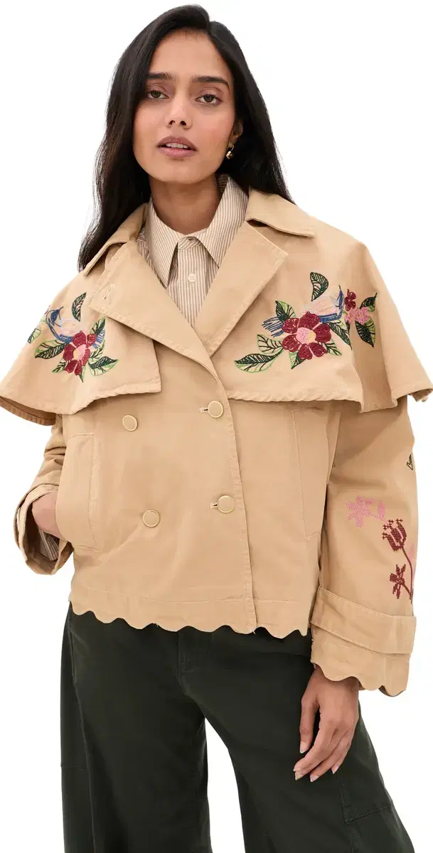Farm Rio Twill Mini Trench Coat Beige