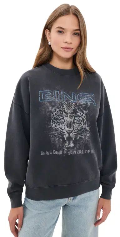 Anine Bing Miles Leopard Muse Sweatshirt Washed Black | Thumbnail 1
